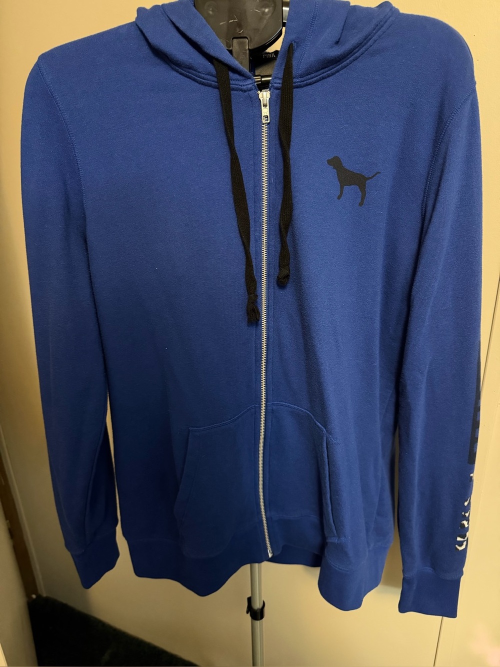 PINK Victoria's Secret Royal Blue Full-Zip Hoodie Leopard Graphic Sleeve Large